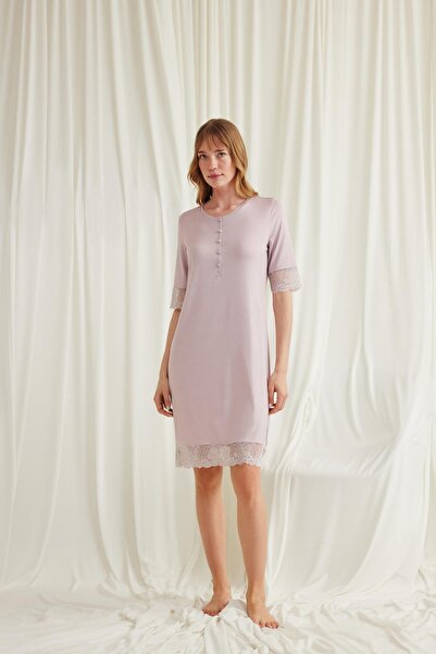 MONAMİSE Monamise Women's Lace Detail Short Sleeve and Button Front Nightgown 18604