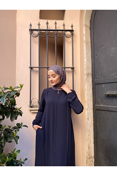 JALİA Navy Blue Piping Detailed Handle Elastic Comfortable Fit Thin Woven Zippered Ferace