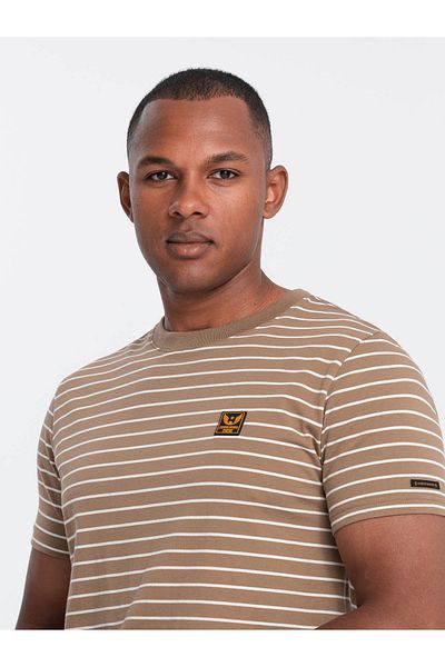 OMBRE Gestreiftes T-Shirt für Herren mit Ombre-Design-Patch - braun und weiß V7 OM-TSCT-0183 XL