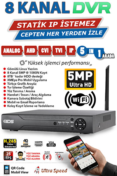 IDS 8 Kanal 5mp 2k Ultra Hd H265 Dvr Kayıt Cihazı - Yüz Tanıma - Wıfı - Araç Ve Insan Algılama