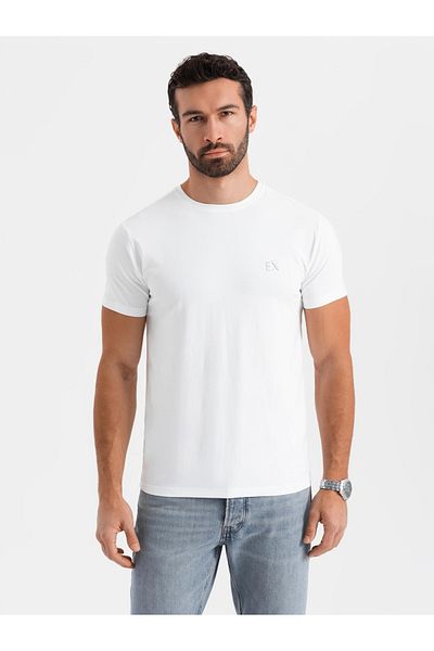OMBRE Pánské SLIM FIT tričko s elastanem a potiskem - bílé V2 OM-TSBC-0222 XXL