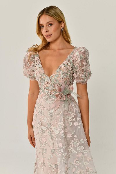 ALFABETA Alfa Beta Watermelon Sleeve Laced Long Evening Dress 25Y5382