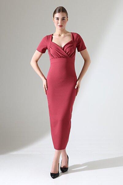 Deafox Gül Kurusu Kruvaze Yaka Kısa Kollu Krep Kumaş Midi Elbise