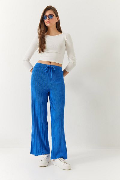 Bianco Lucci Women's Elastic Waist Ribbed Palazzo Trousers 20223118