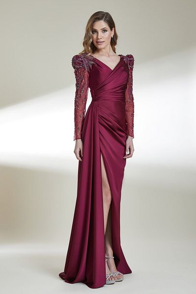 Kenzel V Neck Sheer Sleeves Slit Long Dress