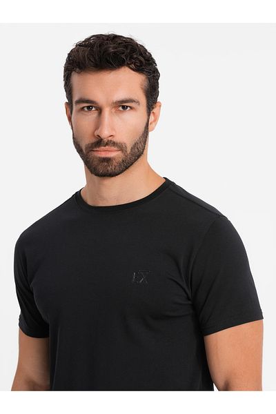OMBRE Pánské SLIM FIT tričko s elastanem a potiskem - černé V1 OM-TSBC-0222 M
