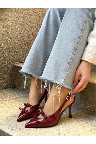 ERVANIN BUTİĞİ Burgundy Patent Leather (Ella) Double Bow Women's Stiletto
