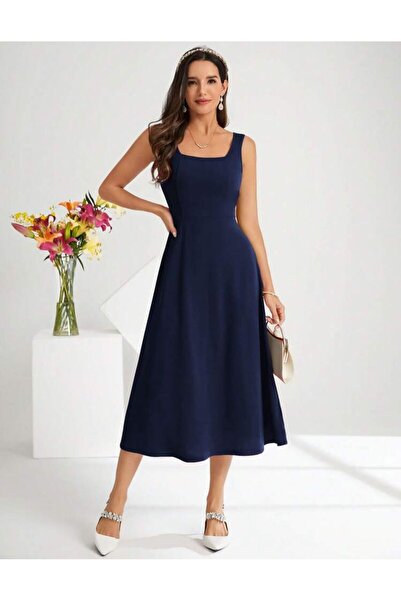 Styling Park Askılı Kare Yaka Midi Boy Elbise