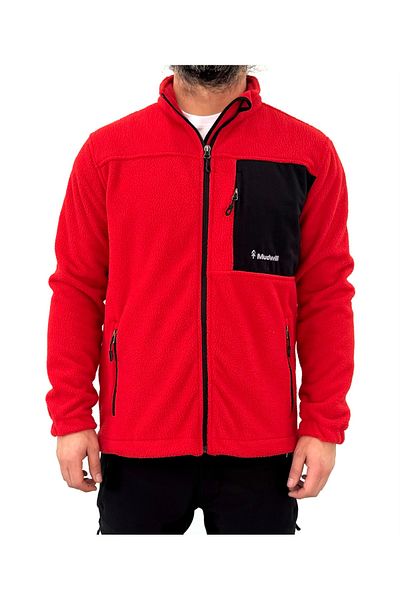 Mudwill Κόκκινο ανδρικό μπουφάν Fleece με φερμουάρ Sherpa