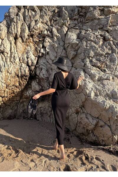 LOCH BUTİK KADIN KRUVAZE YAKA SİYAH MİDİ ELBİSE