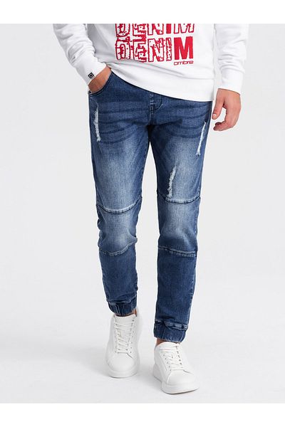OMBRE Pánské mramorované kalhoty JOGGERS se třením - modré V4 OM-PADJ-0153 XXL