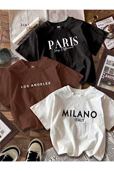 Machetta Set de tricouri crop din 3 piese cu imprimeu Paris Milano pentru femei