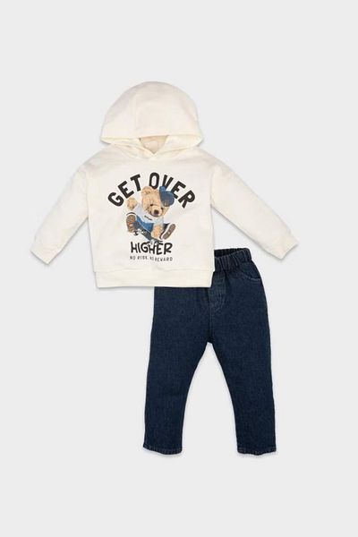 DeFacto Bear Printed Hooded Sweatshirt and Jean Pants Set for Baby Boy - D5399A524Wn