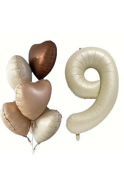 ATAKENT PARTİ 9 Years Old Retro Beige Balloon Latte Brown Heart Birthday Set