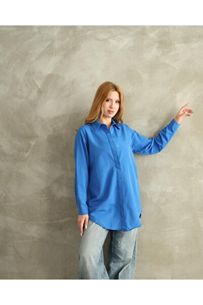 HARMONY GLOBAL Γυναικείο μακρύ τουνίκ από ύφασμα μπλε TeriKoton