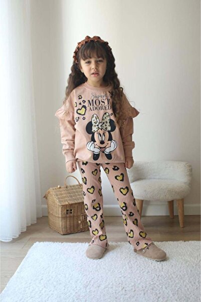 MİNİKO KİDS Girl's Cotton Suit with Mickey and Deer Model with Spanish Leg Leggings