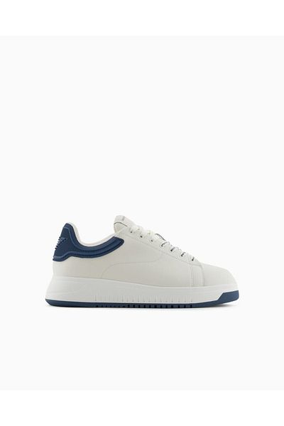 Emporio Armani Men's 100% Leather Brand Logo White-Navy Blue Sneaker X4X264 Xn001-T844