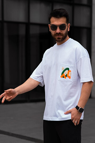 Alex Rosen تي شيرت أبيض كبير الحجم برقبة دائرية ومطرز للجنسين