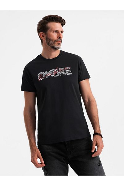 OMBRE Pánské bavlněné tričko s dvojitým potištěným logem - černé V2 OM-TSPT-0211 S