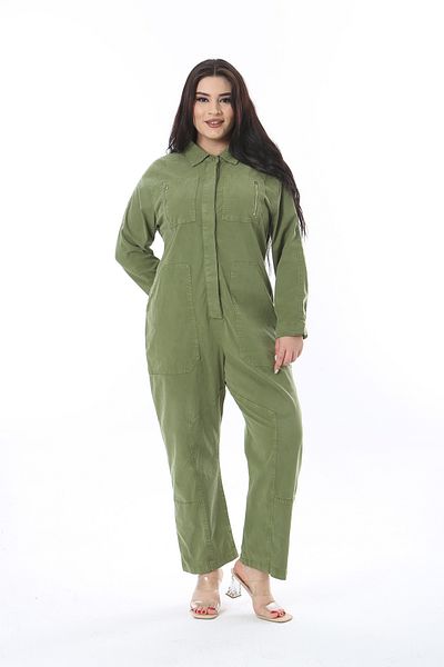 Şans Women's Plus Size Khaki Hidden Placket Snap Button Pocket Detail Jumpsuit 65N38726