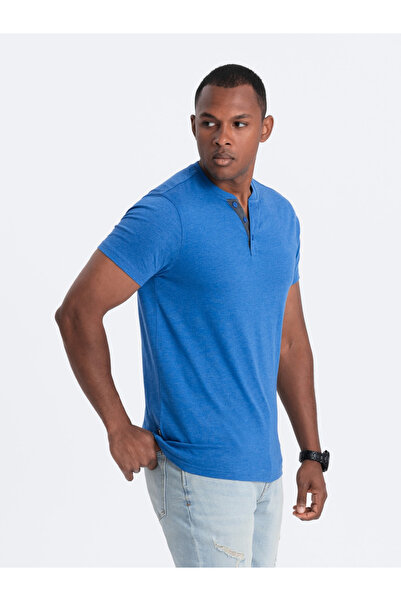 OMBRE Ανδρικό μπλουζάκι με στρογγυλή λαιμόκοψη henley - μπλε V2 OM-TSCT-0155 M