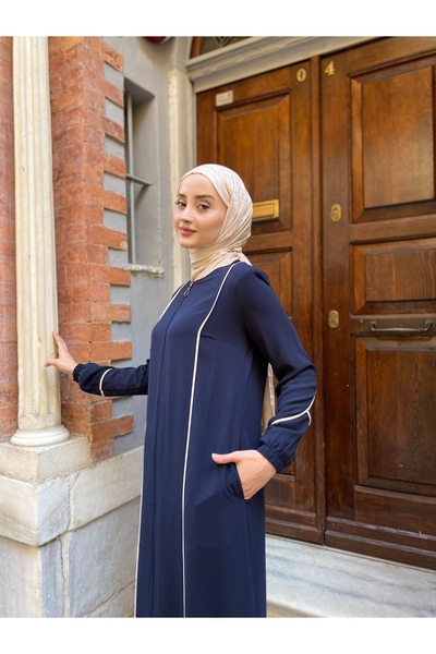 JALİA Ecru Piping Detailed Handle Elastic Comfortable Fit Thin Woven Zippered Ferace