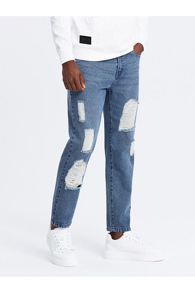 OMBRE Ανδρικό τζιν παντελόνι TAPERED FIT με τρύπες - σκούρο μπλε V3 OM-PADP-0175 M