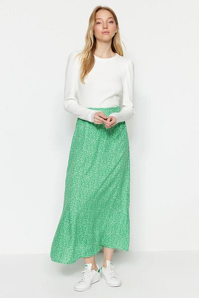 Saade Green Floral Printed Viscose Woven Flared Skirt