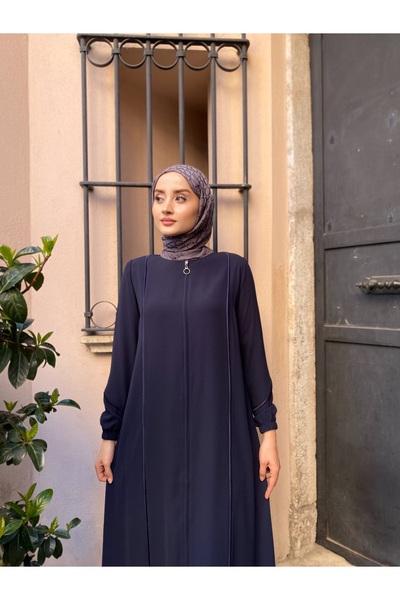 JALİA Navy Blue Piping Detailed Handle Elastic Comfortable Fit Thin Woven Zippered Ferace