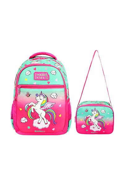 Linea Waddell 3 Compartment Primary School Bag and Lunch Box Unicorn Water Green-Pink 24301