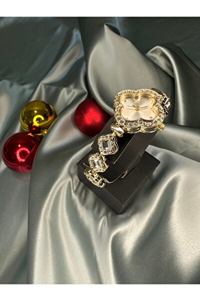 Store Yonca Desenli Taşlı Gold Renk Şık Kadın Kol Saati