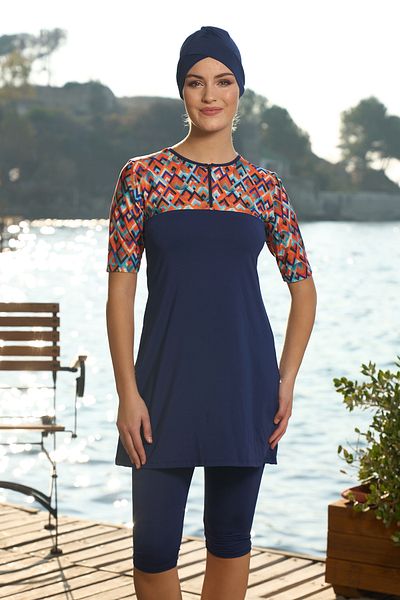 REMSA Short Sleeve Semi-Covered Swimsuit 24821 Navy Blue