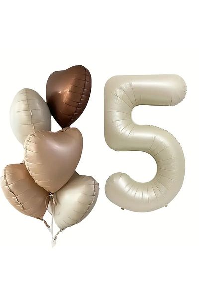 ATAKENT PARTİ 5 Year Old Retro Beige - Birthday Age Balloon Set with Latte and Heart