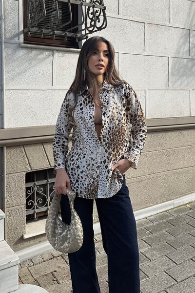 XHAN Bej Leopar Desenli Gömlek 6YXK2-49092-25