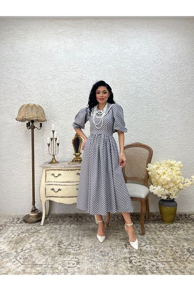 KÜÇÜĞÜM BUTİK Grey Polka Dot White Lace Flared Dress with Collar