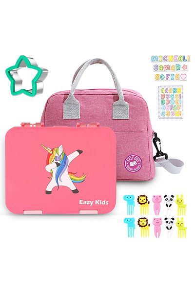 Eazy Kids صندوق غداء بينتو يونيكورن مكون من 6/4 أقسام مع حقيبة غداء - وردي
