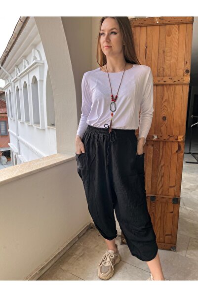 AGORATEKSTİL Γυναικείο λινό παντελόνι V ποδιών - 100% βαμβάκι, λαστιχένια μέση