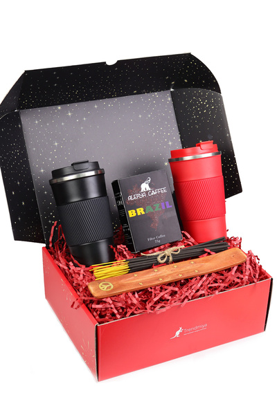 Trendmiya 2'li Kırmızı ve Siyah Termos & Tütsü & Filtre Kahve Hediye Seti