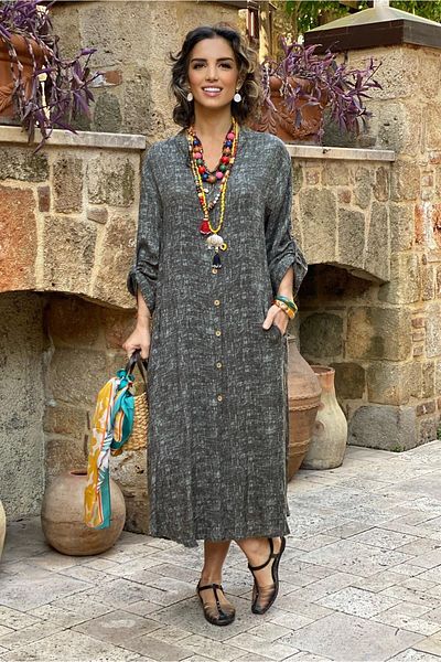 Nevin Kaya Moda Φόρεμα πουκάμισο από 100% βαμβακερό γκρι βισκόζη