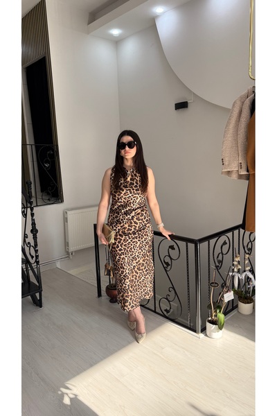 Butik Leopar uzun saten elbise