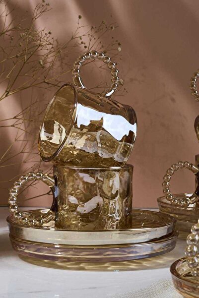 CENGİZ ÇEYİZ Ringo Stone Amber 6'lı Boncuk Kulplu Çay Kahve Fincan Takımı 200...