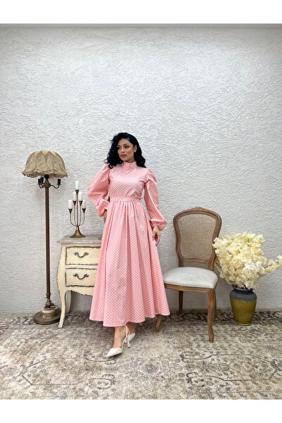KÜÇÜĞÜM BUTİK Φόρεμα Hijab Pink Polka Dot Long Flared