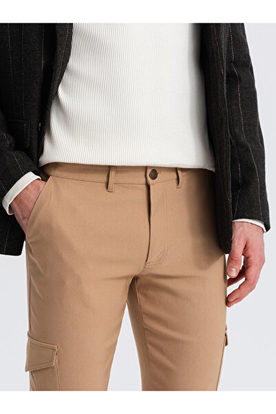 OMBRE Ανδρικό υφασμάτινο παντελόνι REGULAR με τσέπες cargo - ανοιχτό καφέ V4 OM-PACG-0178 M