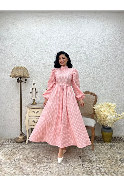 KÜÇÜĞÜM BUTİK Φόρεμα Hijab Pink Polka Dot Long Flared