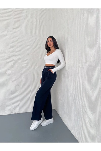 Zula Moda Pantaloni Palazzo din țesătură înfășurată cu centură pentru femei /...