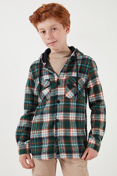 Lela Boys Winter Lumberjack Shirt - Hooded, Double Pockets, Plaid Print Cf24W81778