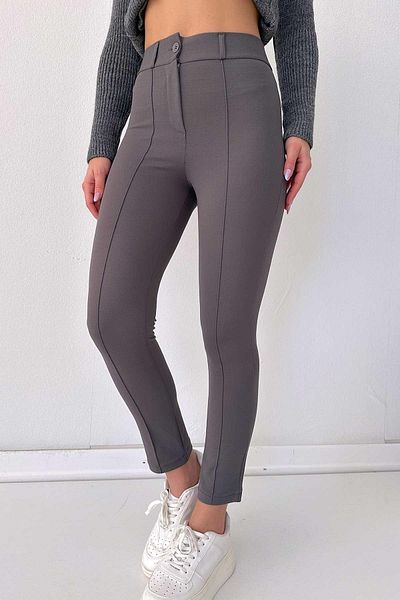 FEVİLLE Women's Gray High Waist Slim-Legged Chestnut Trousers