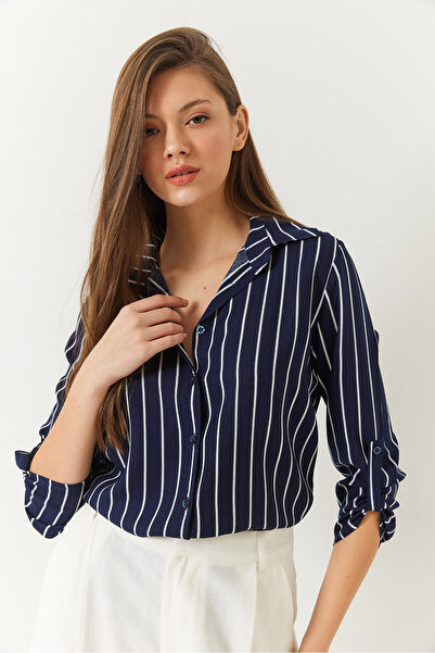 Bianco Lucci Kadın Çizgili Kol Katlamalı Gömlek 60261346