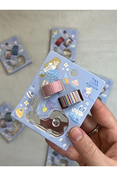 Kağıt Gemi Dükkan 2 Adet Mavi Washi Bant (3m*2)+Kesim Aparatlı Mini Set /Washi Tape/Masking Tape/Desenli Bant