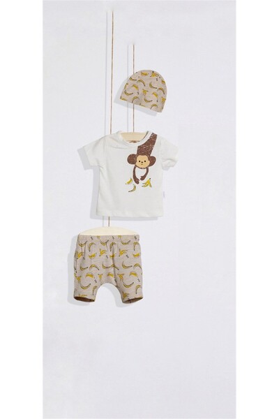 miniface 03-18 Months Baby Boy Ecru Colored Cotton Monkey Triple Set